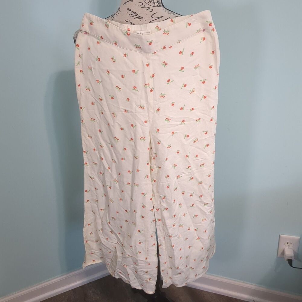 Anthropologie Feather Bone Pants Womens 4 Cream Red Cherries Talese Wide Leg